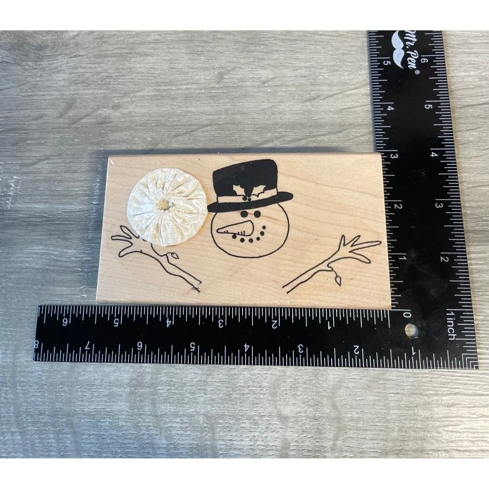 Wood Snowman Rubber‎ Stamp With Button Nose Craft Tool